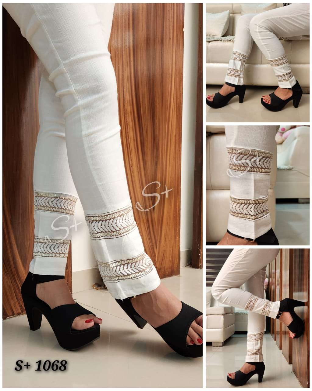 S+1068  FANCY & DESIGNER COTTON LYCRA STRETCHABLE PANT WITH SEQUENCE WORK EMBROIDERY & POCKETS